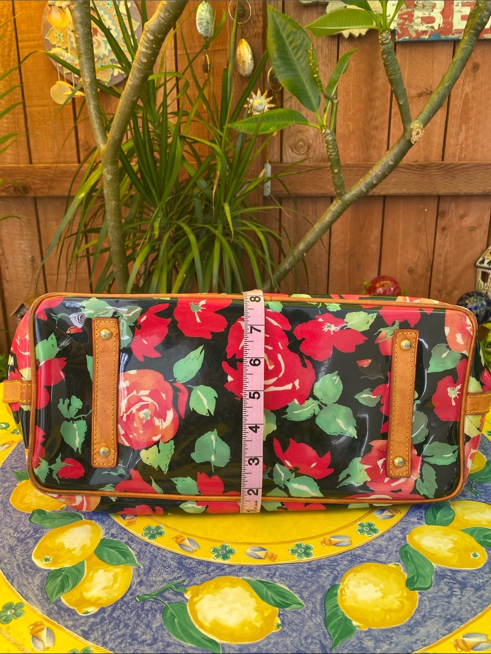 Dooney & Bourke Black Floral Coated Tote with Tan Leather Handles - Picture 9 of 16
